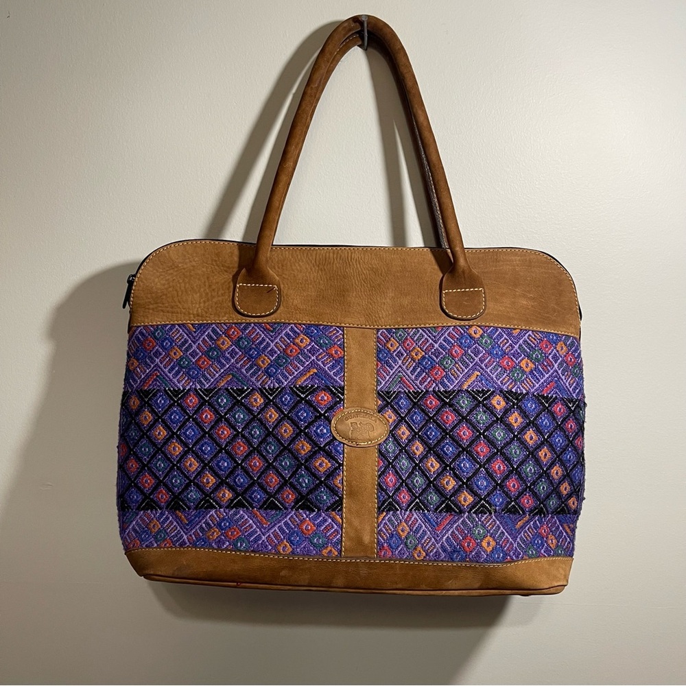 Guatemalan Purple Embroidered Women's Bag, Purse, Tote. Leather Handles
